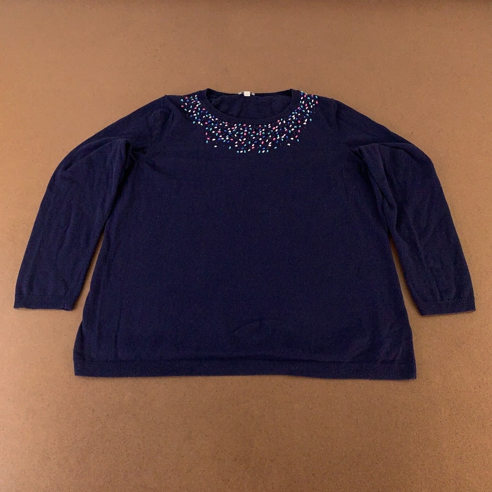 Talbots Women's Size 1X Navy Long Sleeve Beaded Lightweight Pullover Sweater